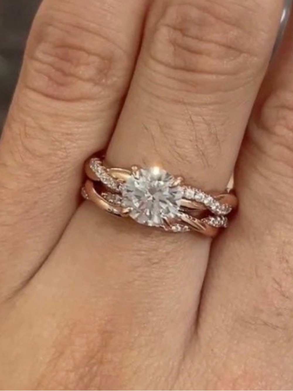 18K Rose Gold Twisted Pavé Diamond Eternity Engagement Wedding Ring 2PC SET